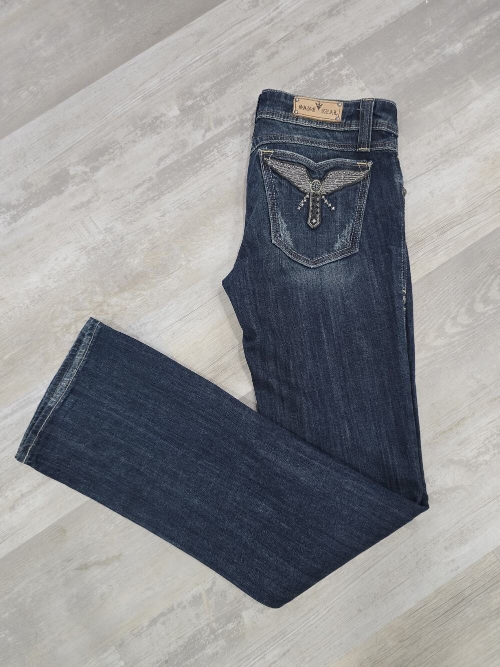 Sang Real Angel Wings Side Rivet Bootcut Jeans 31x35 Dark Wash Rhinestone Y2K
